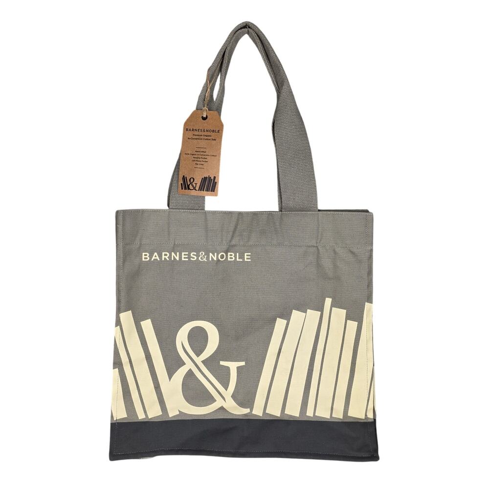 BARNES & NOBLE PREMIUM ORGANIC FAIRTRADE COTTON TOTE – GRAY – BOOK SPINE DESIGN